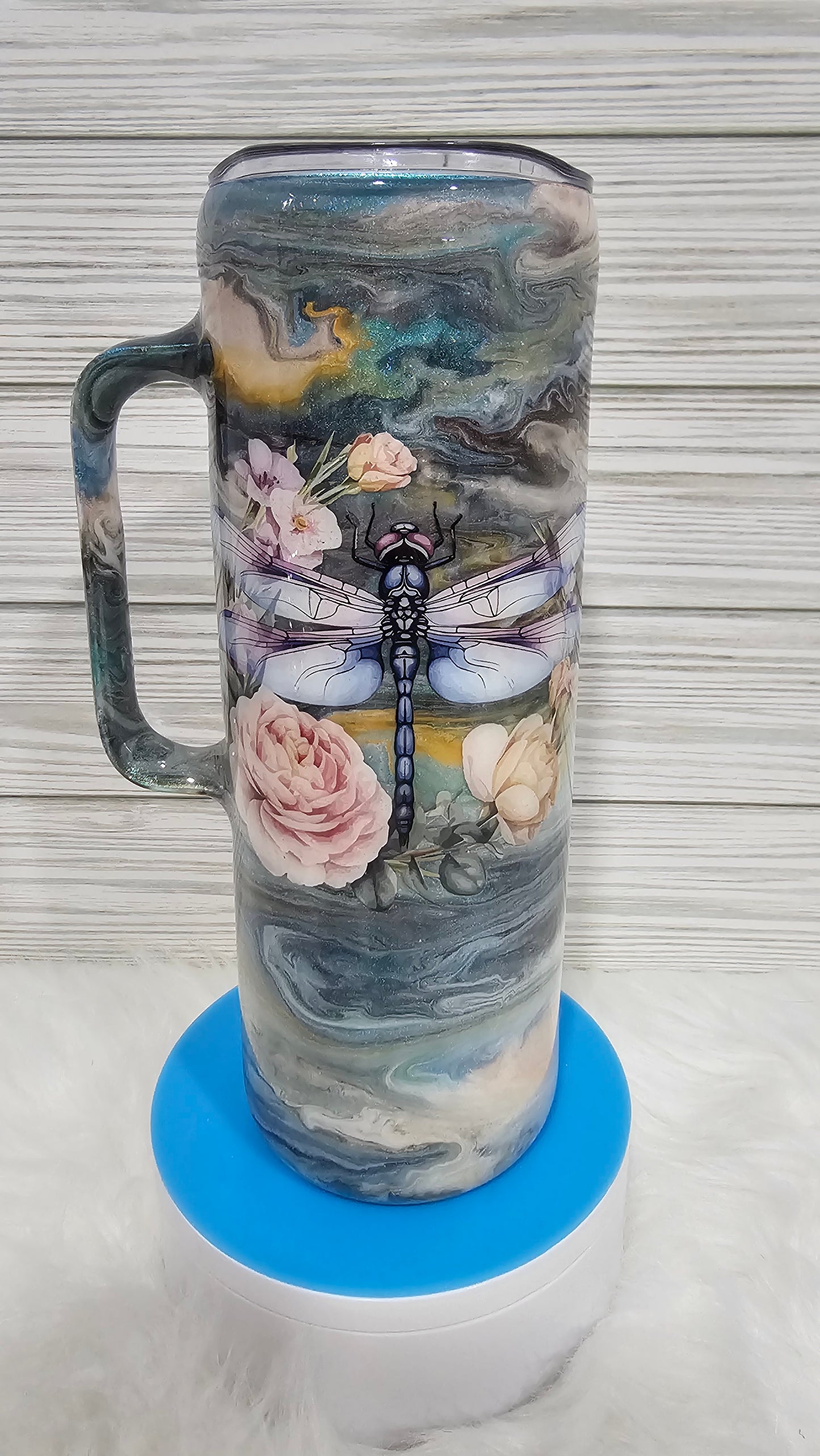 20oz Skinny with Handle Ink Swirl with Roses/Dragonfly/Books Epoxy Tumbler