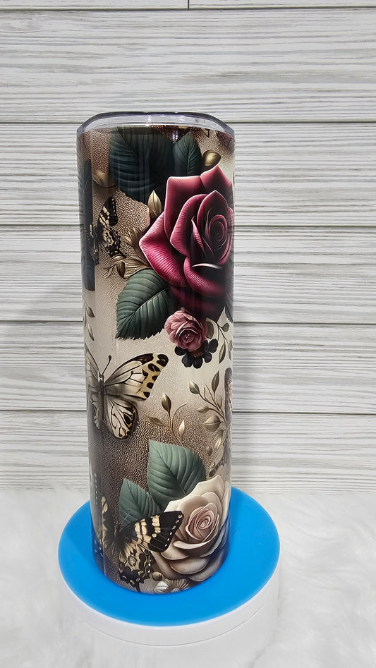 20oz Skinny Roses Butterflies Flowers Sublimation Tumbler