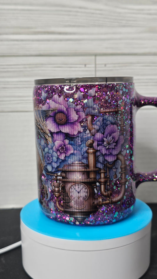 10oz Coffee Cup Steampunk Dragon with Chunky Purple Glitter Epoxy Tumbler