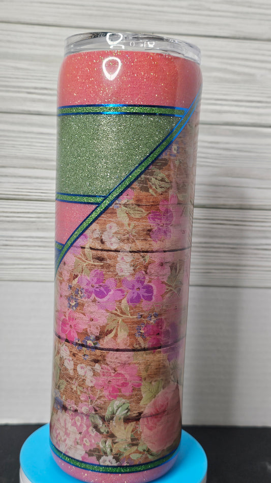 30oz Skinny Vinyl Floral Wood Grain with Pink/Green/Blue Glitter Stripes Epoxy Tumbler