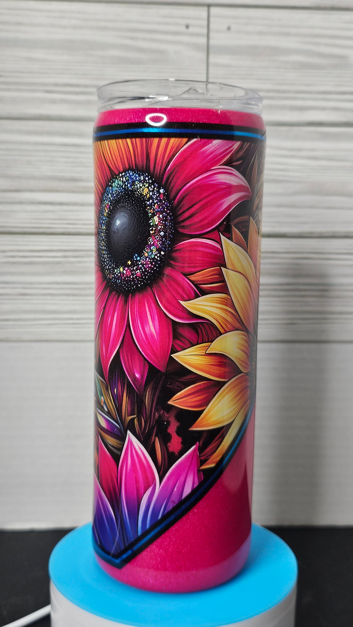 20oz Skinny Vibrant Pink Sunflower Glitter Epoxy Tumbler