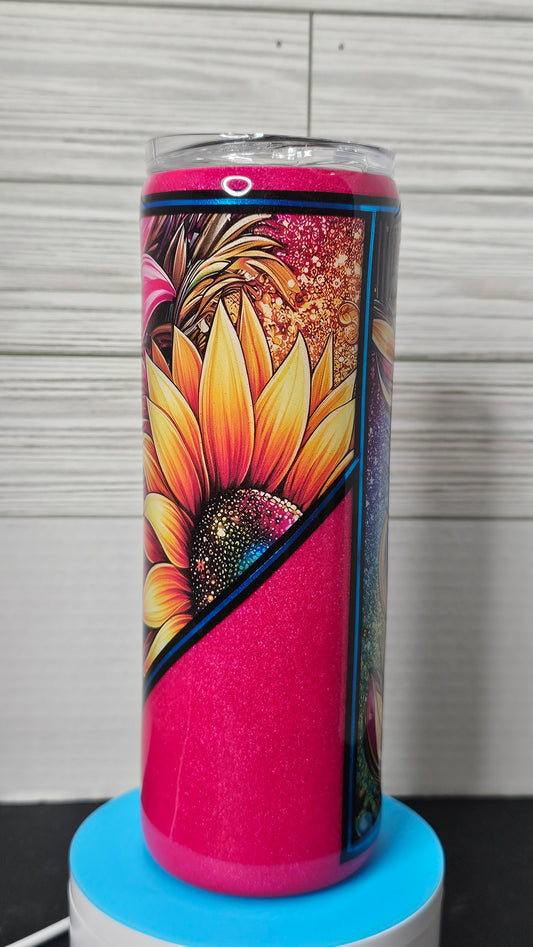 20oz Skinny Vibrant Pink Sunflower Glitter Epoxy Tumbler