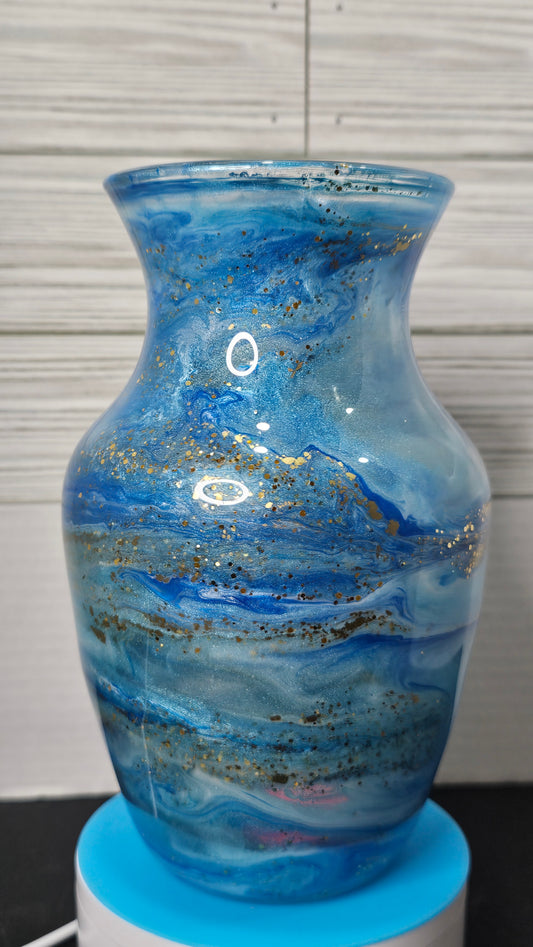 Medium Epoxy Vase Ink Swirl Blue with Glitter Vein